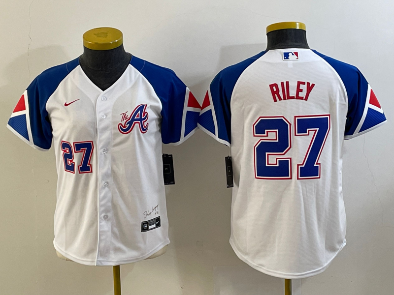 Women's Atlanta Braves #27 Austin Riley White 2023 City Connect With Patch Stitched Baseball Jersey(Run Small)
